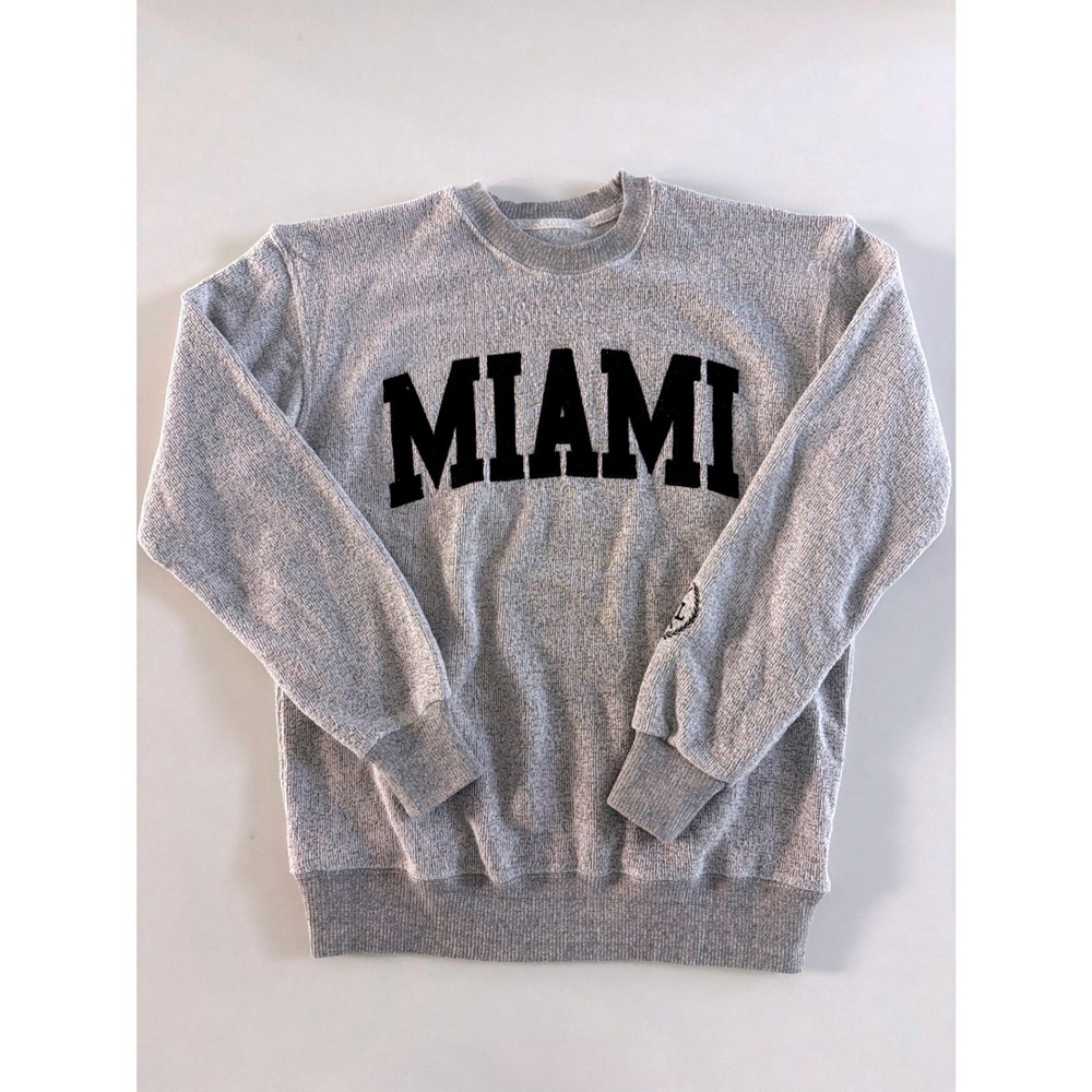 New York Popular Miami Sweatshirt Medium Grey Crewneck FL Embroidered Sleeve